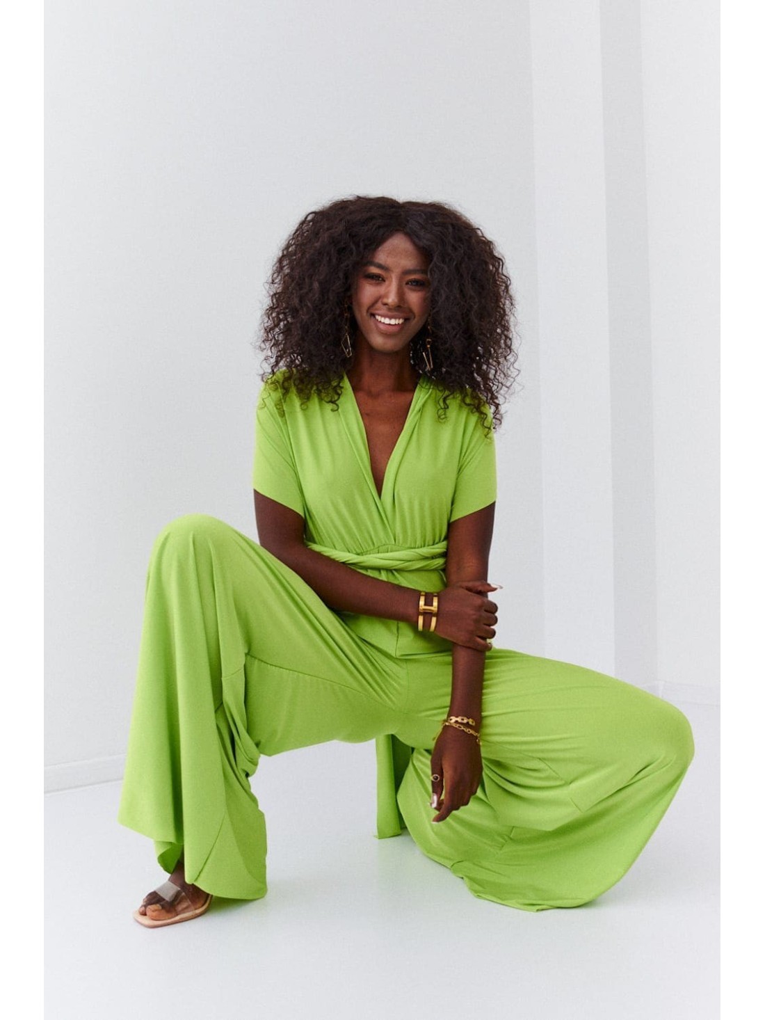 Elegant jumpsuit with wide legs and a tied top, lime 44610 - Online store - Boutique